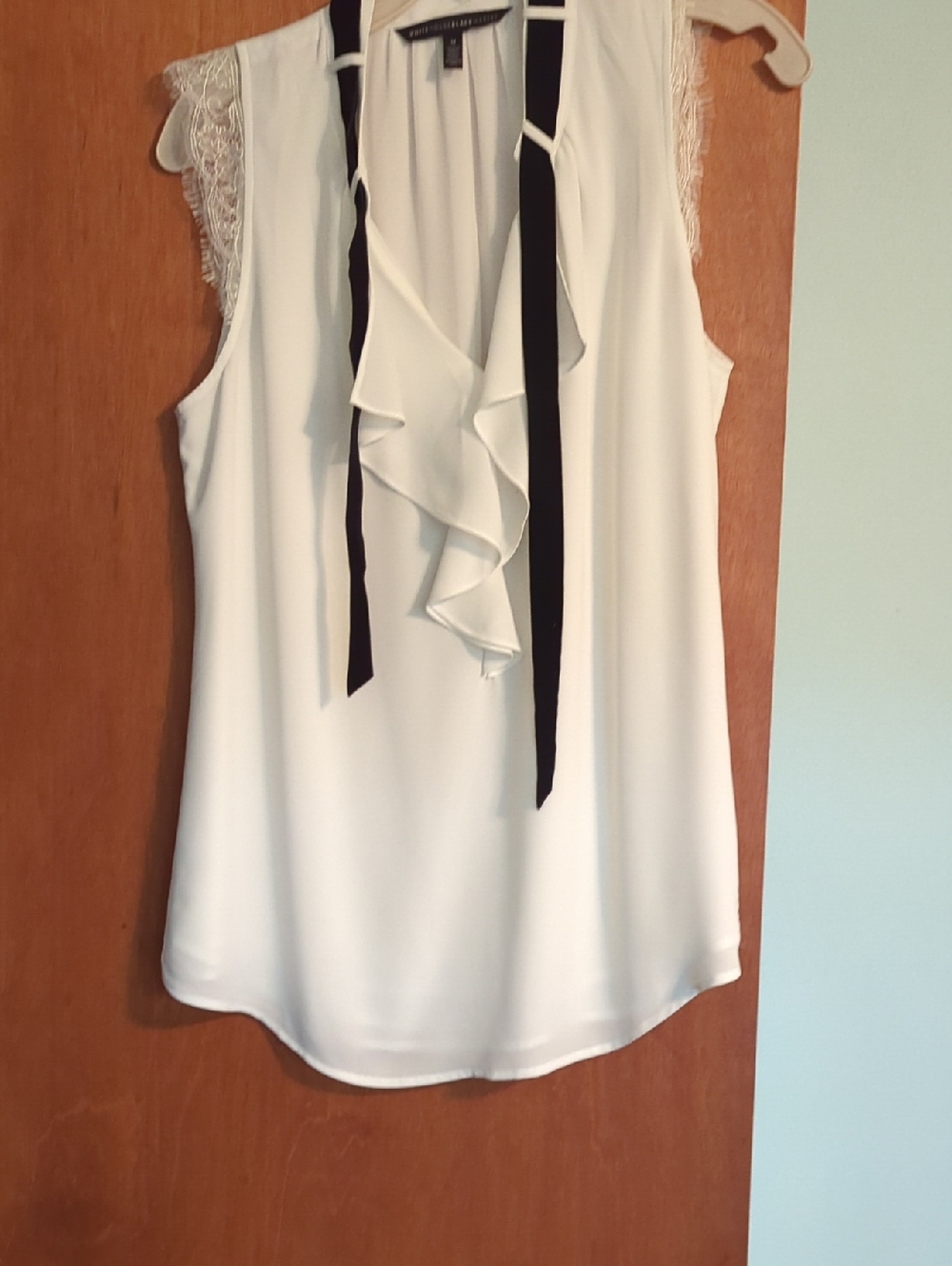 White House Black Market White Sleeveless Ruffle Blouse with Black Tie